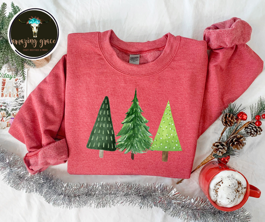 Red sweatshirt with green trees